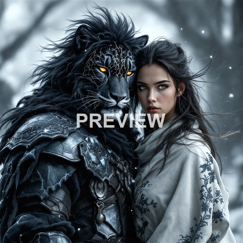 A woman with long dark hair and piercing eyes standing close to a large, black lion with glowing orange eyes, both appearing in a mystical, wintry forest setting.